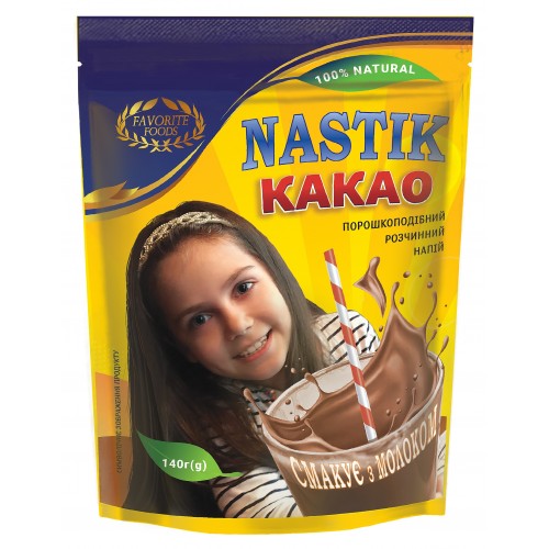 КАКАО напій розчинний порошкоподібний "NASTIK" ТМ "ФАВОРИТ ФУДЗ" ДОЙ-ПАК 140г КАКАО напій розчинний порошкоподібний "NASTIK" ТМ "ФАВОРИТ ФУДЗ" ДОЙ-ПАК 140г